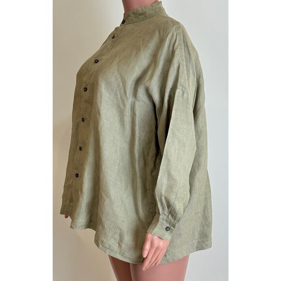 Eskandar Shirt Sz 0 Oatmeal Linen Mandarin Stand Collar Longer Back Blouse Top - Picture 4 of 11